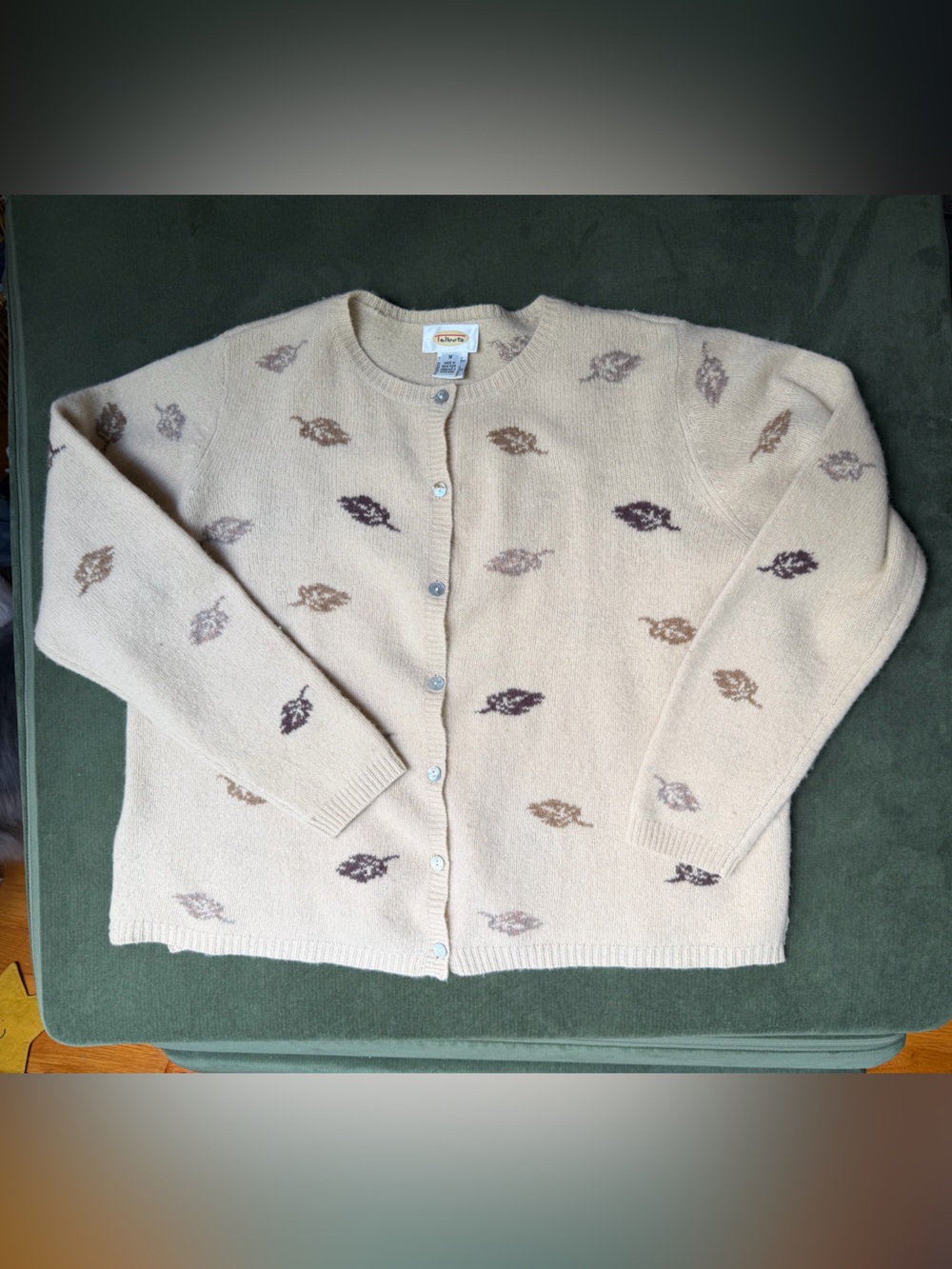 Talbots Tan Cardigan Sweater with Fall Leaves, M 100% lambs wool, small defects